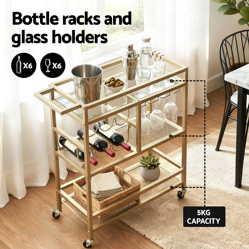 Artiss Bar Cart Drinks Trolley Serving Wine Rack Glass Holder 3 Hooks 72cm Gold-Furniture > Dining > Kitchen &amp; Dining Trolleys-PEROZ Accessories