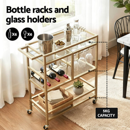 Artiss Bar Cart Drinks Trolley Serving Wine Rack Glass Holder 3 Hooks 72cm Gold-Furniture > Dining > Kitchen &amp; Dining Trolleys-PEROZ Accessories