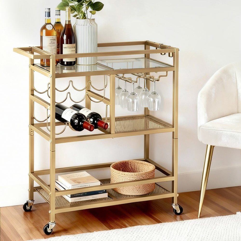 Artiss Bar Cart Drinks Trolley Serving Wine Rack Glass Holder 3 Hooks 72cm Gold-Furniture > Dining > Kitchen &amp; Dining Trolleys-PEROZ Accessories