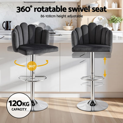 Artiss Bar Stool X2 Kitchen Dining Counter Gaslift Chair Adjustable Velvet Grey-Furniture > Bar Stools &amp; Chairs > Table &amp; Bar Stools-PEROZ Accessories