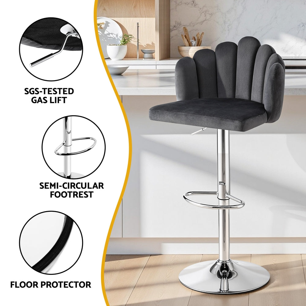 Artiss Bar Stool X2 Kitchen Dining Counter Gaslift Chair Adjustable Velvet Grey-Furniture > Bar Stools &amp; Chairs > Table &amp; Bar Stools-PEROZ Accessories