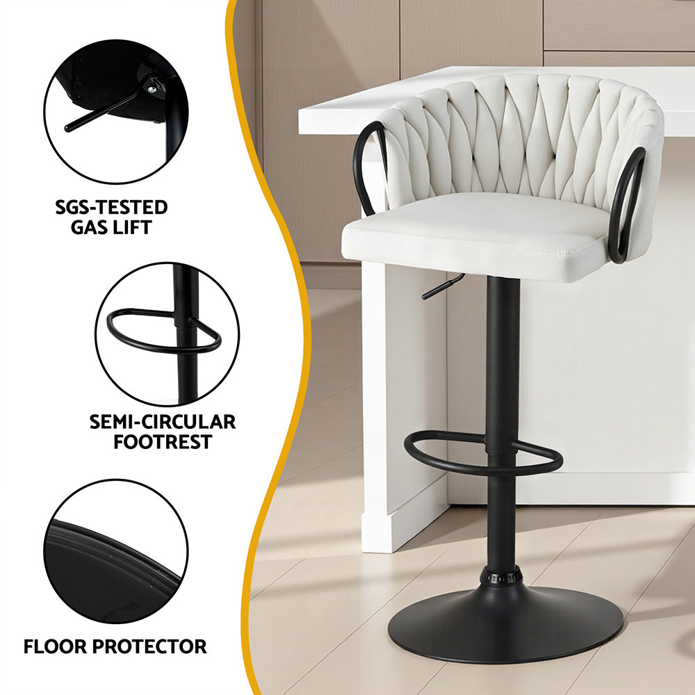 Artiss Bar Stool x2 Kitchen Dining Chair Counter Gaslift Woven Velvet Ivory-Furniture > Bar Stools &amp; Chairs > Table &amp; Bar Stools-PEROZ Accessories