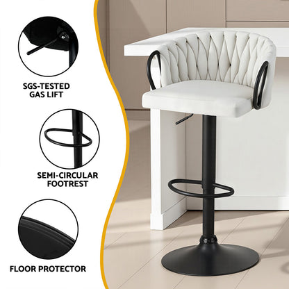 Artiss Bar Stool x2 Kitchen Dining Chair Counter Gaslift Woven Velvet Ivory-Furniture > Bar Stools &amp; Chairs > Table &amp; Bar Stools-PEROZ Accessories