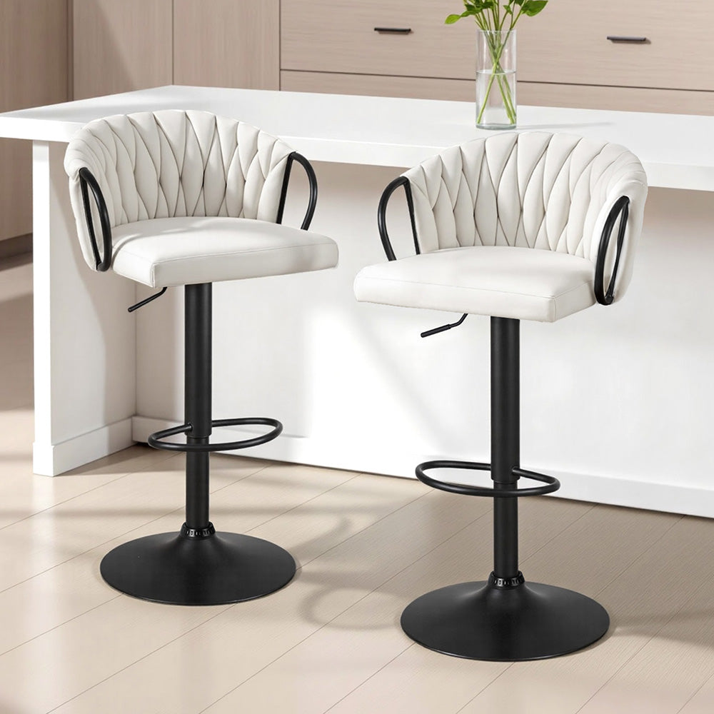 Artiss Bar Stool x2 Kitchen Dining Chair Counter Gaslift Woven Velvet Ivory-Furniture > Bar Stools &amp; Chairs > Table &amp; Bar Stools-PEROZ Accessories
