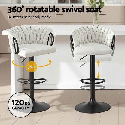 Artiss Bar Stool x4 Kitchen Dining Chair Counter Gaslift Woven Velvet Ivory-Furniture > Bar Stools &amp; Chairs > Table &amp; Bar Stools-PEROZ Accessories
