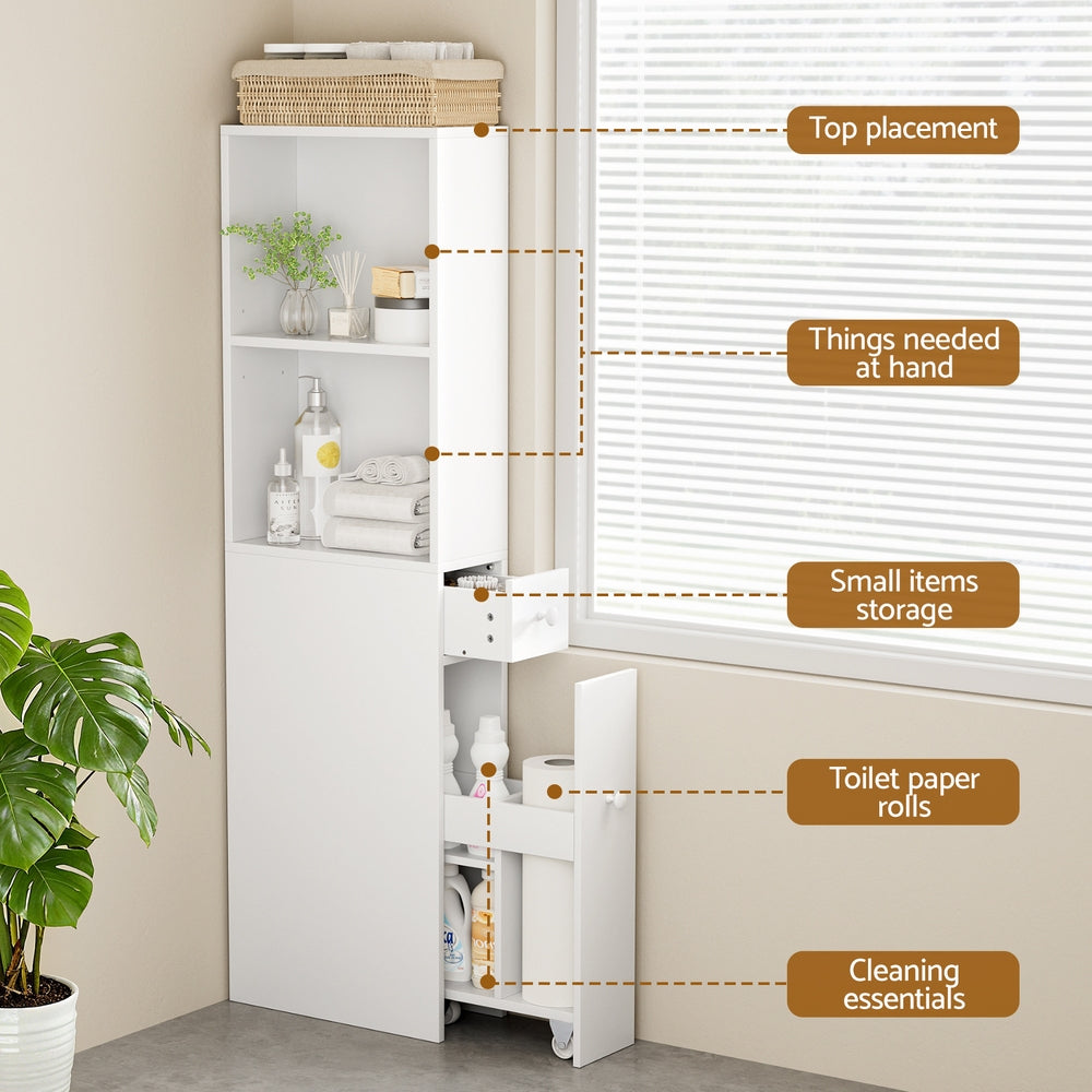 Artiss Bathroom Cabinet Storage Slim Organiser Drawer Toilet Corner 135cm White-Furniture > Bathroom > Bathroom Cabinets, Cupboards &amp; Storage-PEROZ Accessories