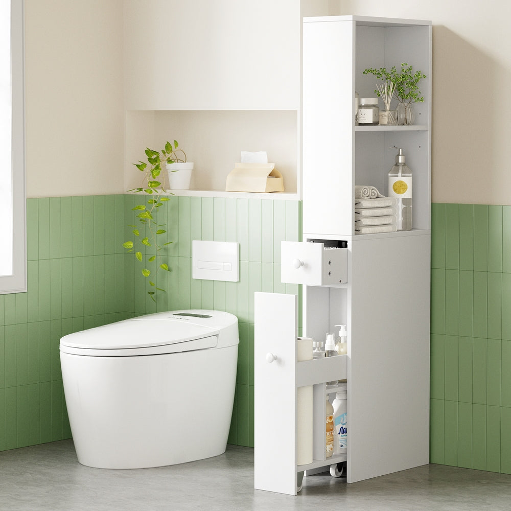Artiss Bathroom Cabinet Storage Slim Organiser Drawer Toilet Corner 135cm White-Furniture > Bathroom > Bathroom Cabinets, Cupboards &amp; Storage-PEROZ Accessories