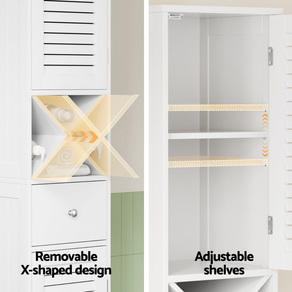 Artiss Bathroom Storage Cabinet 170cm Tall Slim Organiser Toilet Corner Adjustable Shelf Louver Door White-Furniture > Bathroom > Bathroom Cabinets, Cupboards &amp; Storage-PEROZ Accessories