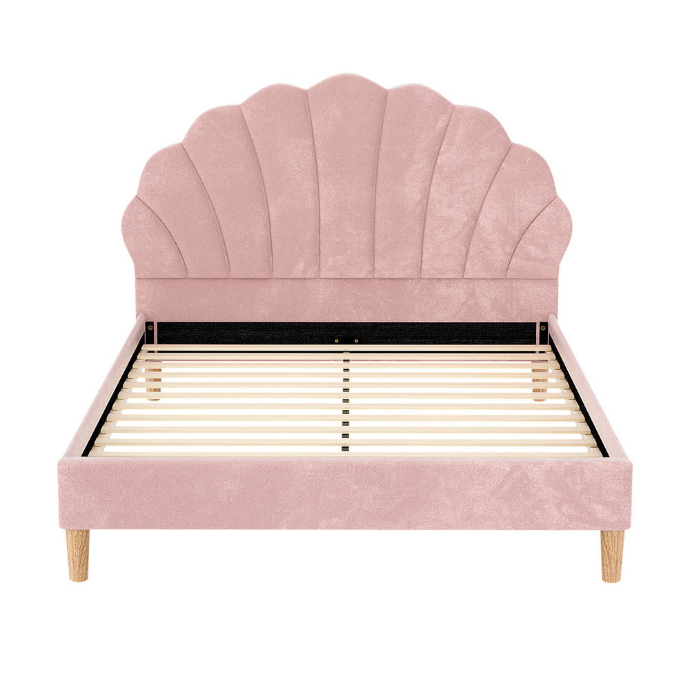 Artiss Bed Frame Double Size Scallop-Shape Bedhead Beds Base Pink Velvet Fabric-Furniture > Bedroom > Beds &amp; Bed Frames-PEROZ Accessories