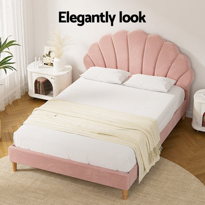 Artiss Bed Frame Double Size Scallop-Shape Bedhead Beds Base Pink Velvet Fabric-Furniture > Bedroom > Beds &amp; Bed Frames-PEROZ Accessories