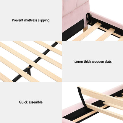 Artiss Bed Frame Double Size Scallop-Shape Bedhead Beds Base Pink Velvet Fabric-Furniture > Bedroom > Beds &amp; Bed Frames-PEROZ Accessories