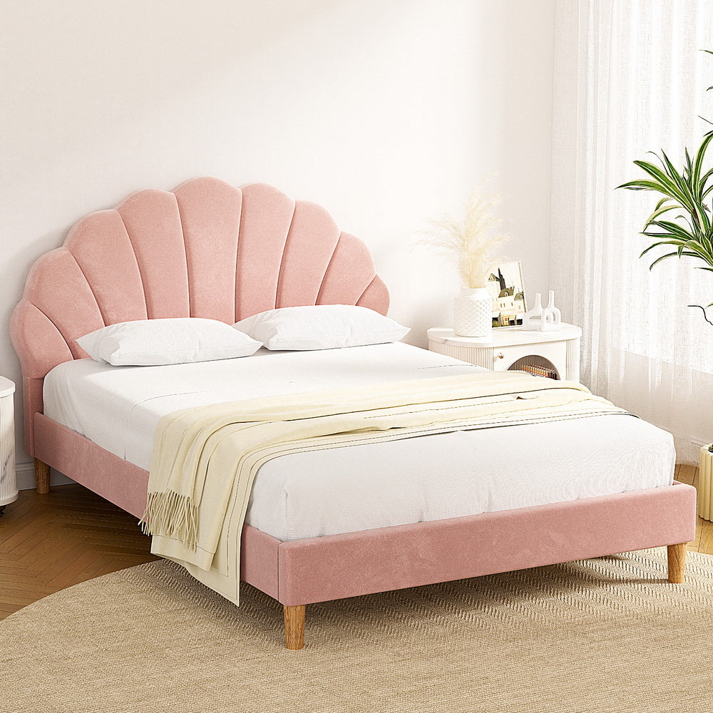 Artiss Bed Frame Double Size Scallop-Shape Bedhead Beds Base Pink Velvet Fabric-Furniture > Bedroom > Beds &amp; Bed Frames-PEROZ Accessories