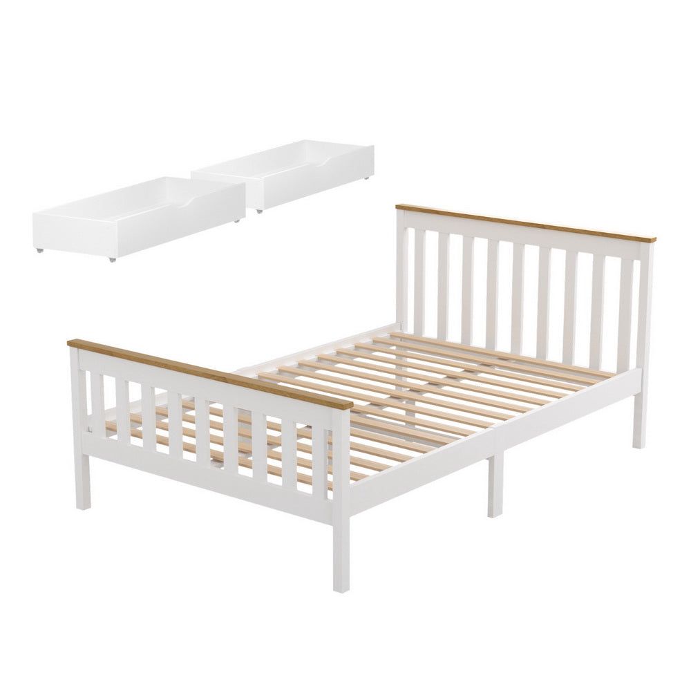 Artiss Bed Frame Double Size Wooden Platform with 2 Storage Drawers White PONY-Furniture > Bedroom > Beds &amp; Bed Frames-PEROZ Accessories
