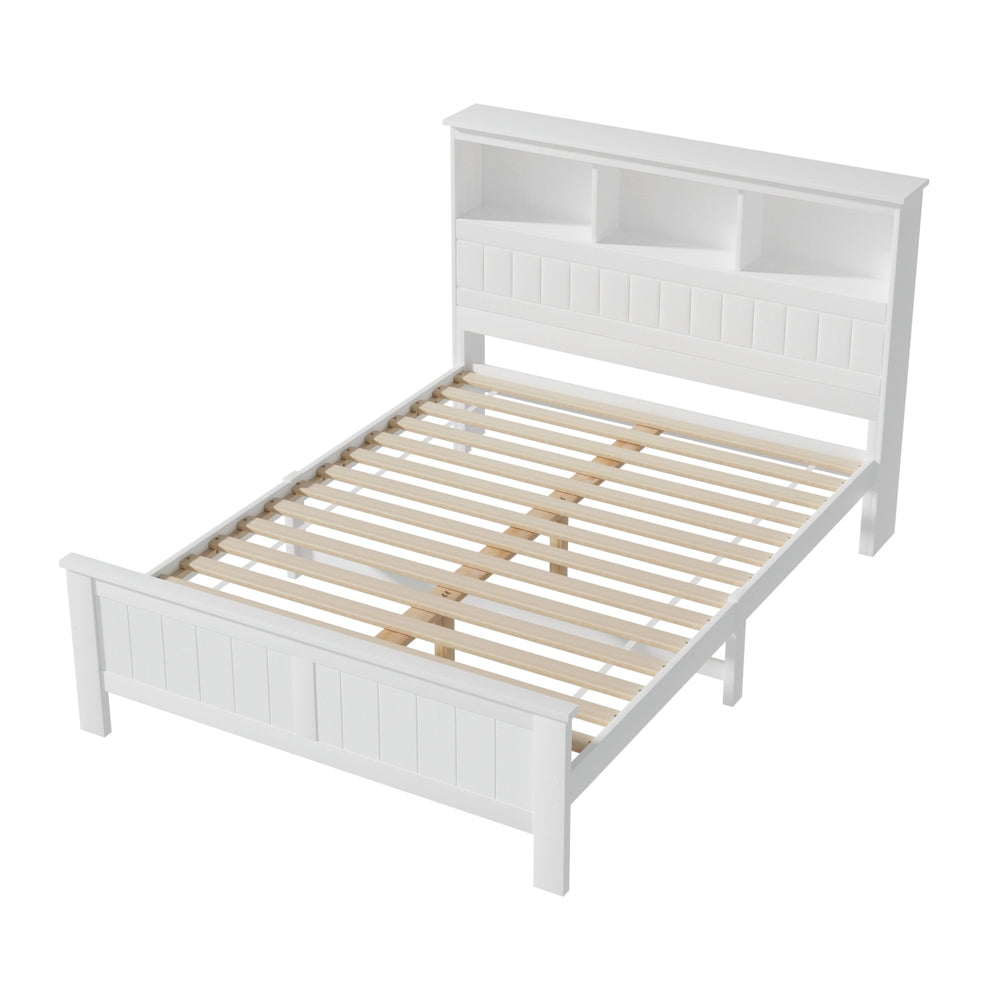 Artiss Bed Frame Double Size Wooden with 3 Shelves Bed Head White-Furniture > Bedroom > Beds &amp; Bed Frames-PEROZ Accessories