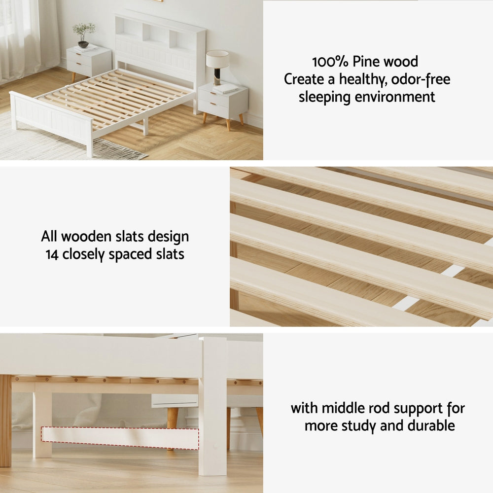 Artiss Bed Frame Double Size Wooden with 3 Shelves Bed Head White-Furniture > Bedroom > Beds &amp; Bed Frames-PEROZ Accessories