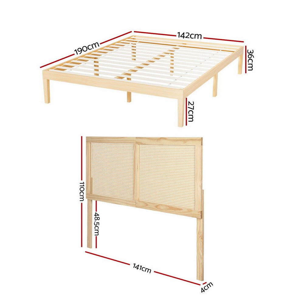 Artiss Bed Frame Double Size with Rattan Headboard Wooden Bed Base BRUNO-Furniture > Bedroom > Beds &amp; Bed Frames-PEROZ Accessories