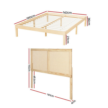 Artiss Bed Frame Double Size with Rattan Headboard Wooden Bed Base BRUNO-Furniture > Bedroom > Beds &amp; Bed Frames-PEROZ Accessories