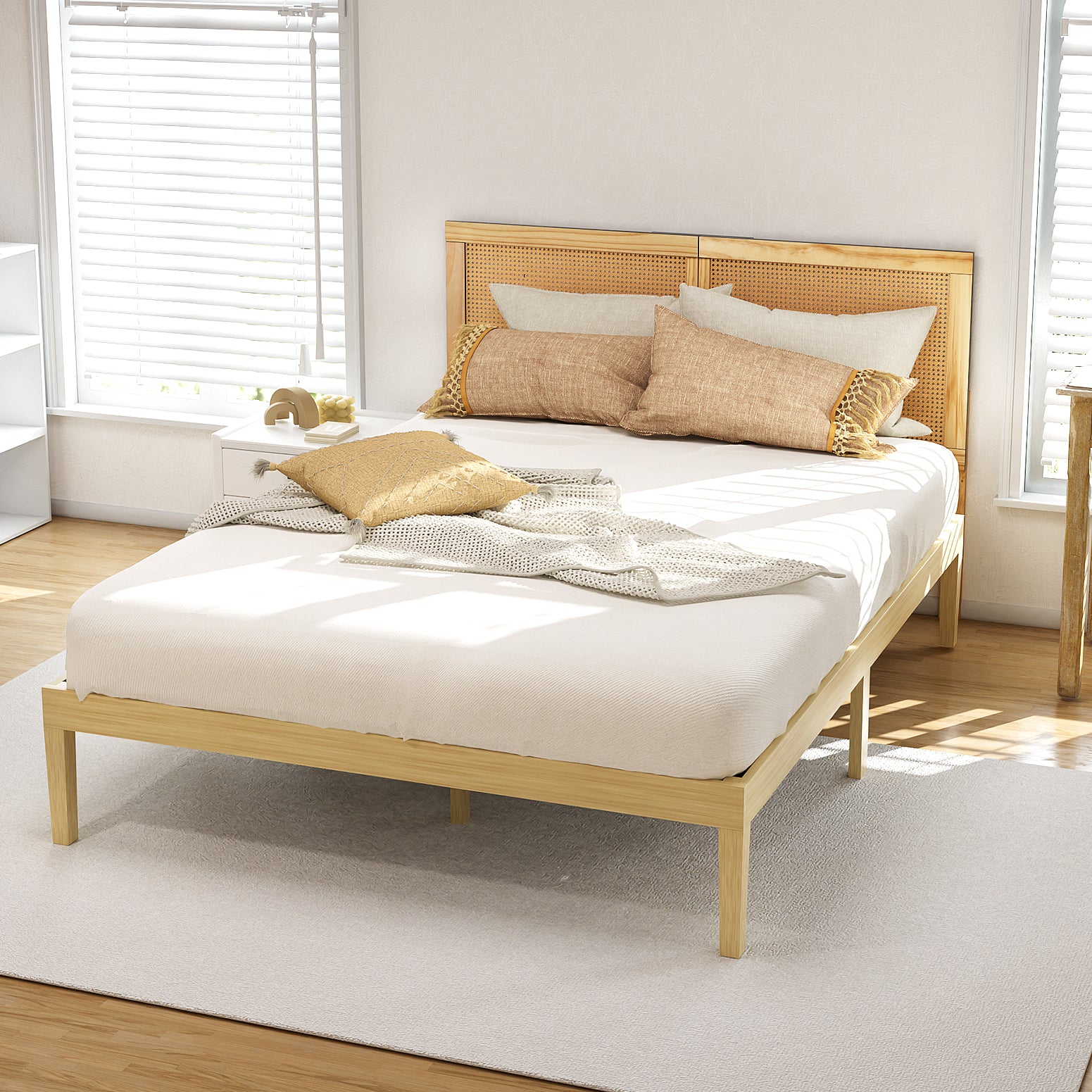 Artiss Bed Frame Double Size with Rattan Headboard Wooden Bed Base BRUNO-Furniture > Bedroom > Beds &amp; Bed Frames-PEROZ Accessories