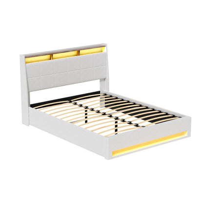 Artiss Bed Frame Gas Lift LED Beds Base Platform White PVC Leather Storage Headboard - Double-Furniture > Bedroom > Beds &amp; Bed Frames-PEROZ Accessories
