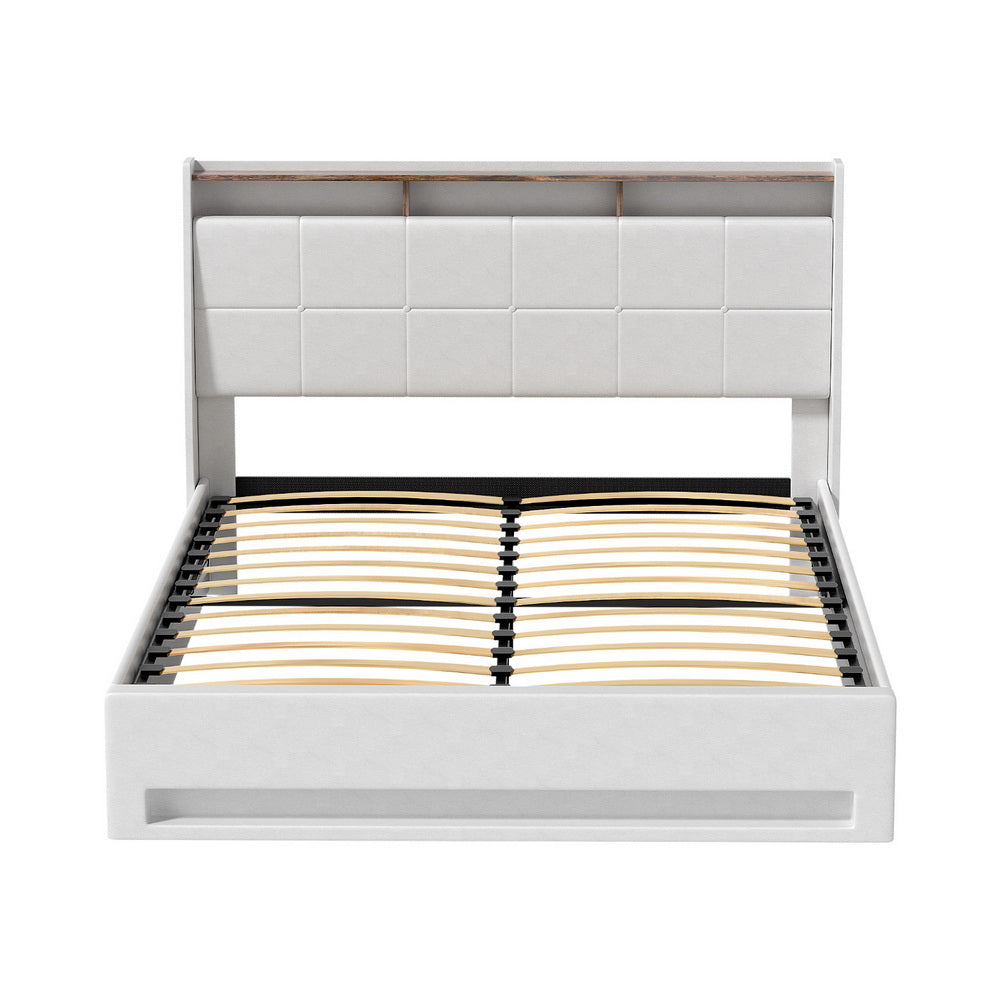 Artiss Bed Frame Gas Lift LED Beds Base Platform White PVC Leather Storage Headboard - Double-Furniture > Bedroom > Beds &amp; Bed Frames-PEROZ Accessories