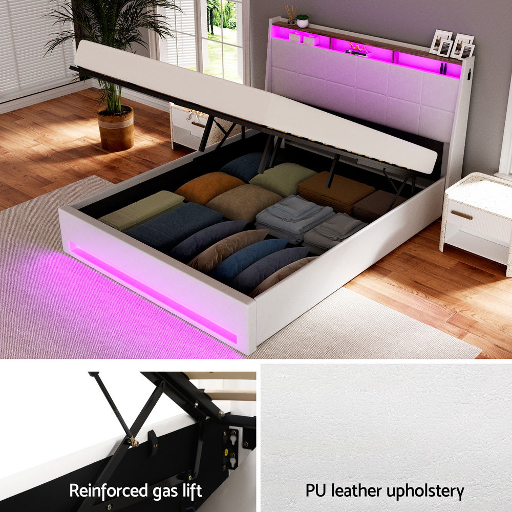 Artiss Bed Frame Gas Lift LED Beds Base Platform White PVC Leather Storage Headboard - Double-Furniture > Bedroom > Beds &amp; Bed Frames-PEROZ Accessories