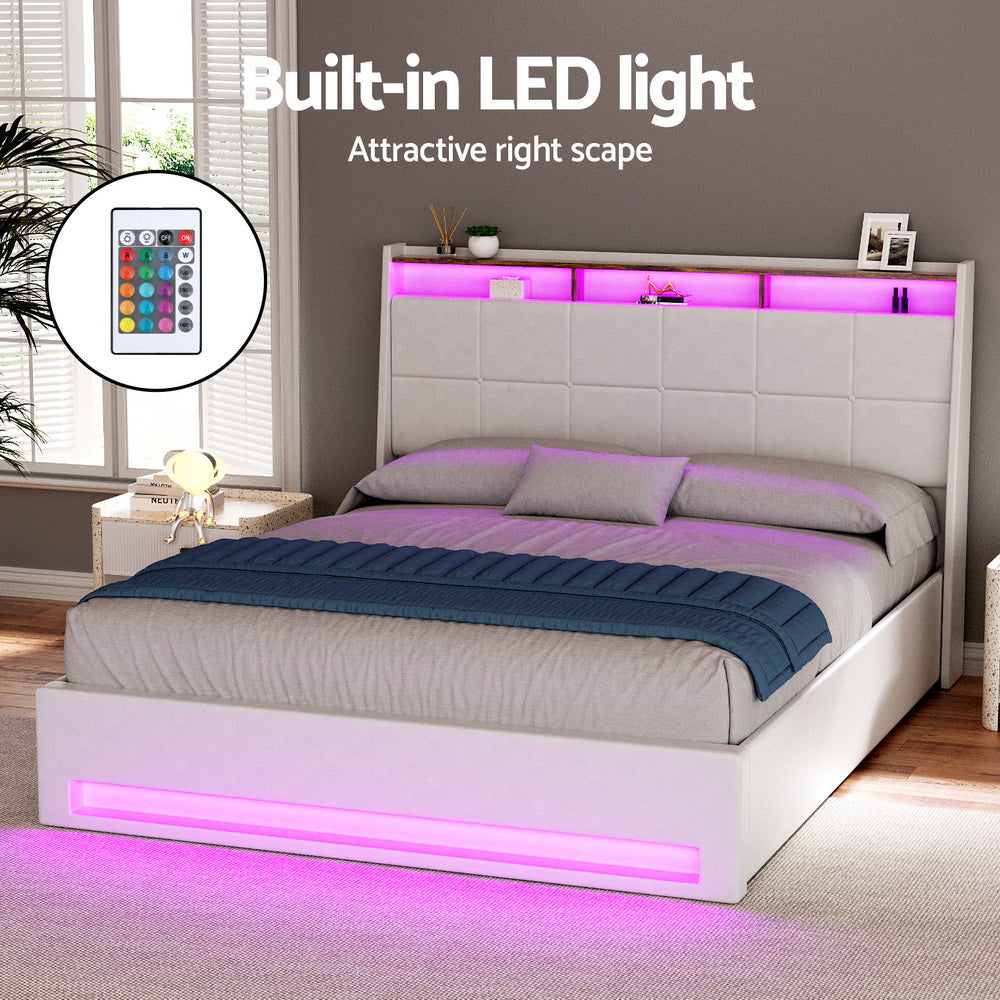 Artiss Bed Frame Gas Lift LED Beds Base Platform White PVC Leather Storage Headboard - Double-Furniture > Bedroom > Beds &amp; Bed Frames-PEROZ Accessories