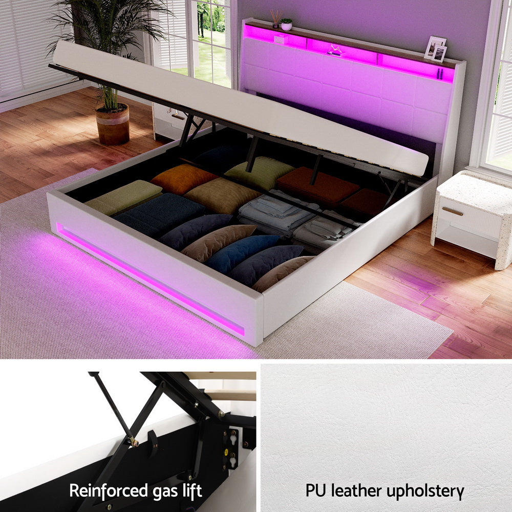 Artiss Bed Frame Gas Lift LED Beds Base Platform White PVC Leather Storage Headboard - King-Furniture > Bedroom > Beds &amp; Bed Frames-PEROZ Accessories
