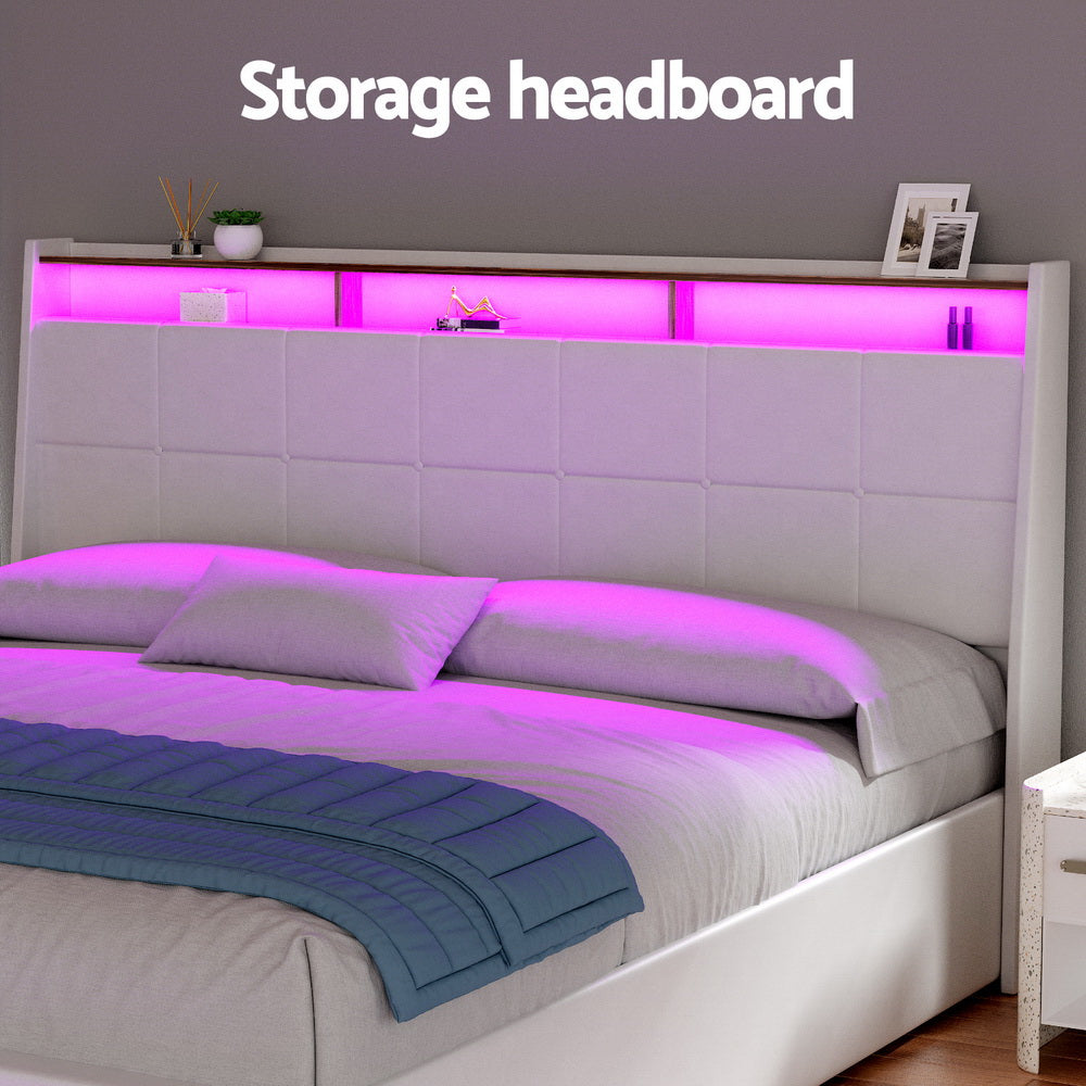 Artiss Bed Frame Gas Lift LED Beds Base Platform White PVC Leather Storage Headboard - King-Furniture > Bedroom > Beds &amp; Bed Frames-PEROZ Accessories