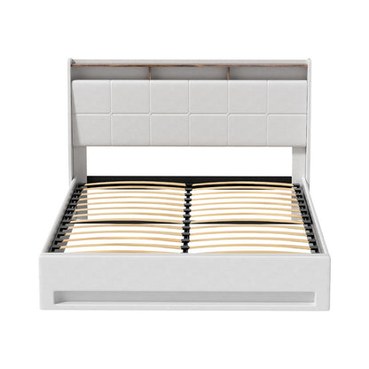 Artiss Bed Frame Gas Lift LED Beds Base Platform White PVC Leather Storage Headboard - Queen-Furniture > Bedroom > Beds &amp; Bed Frames-PEROZ Accessories