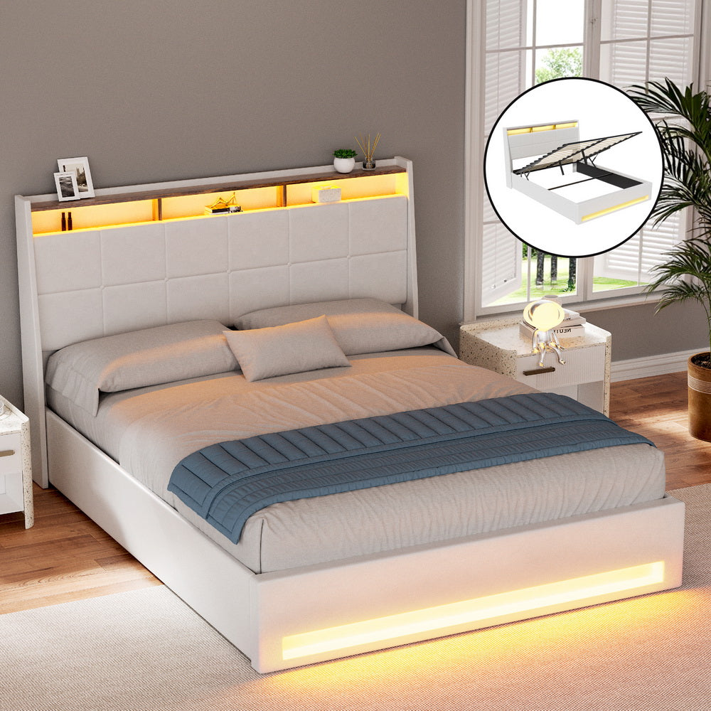 Artiss Bed Frame Gas Lift LED Beds Base Platform White PVC Leather Storage Headboard - Queen-Furniture > Bedroom > Beds &amp; Bed Frames-PEROZ Accessories