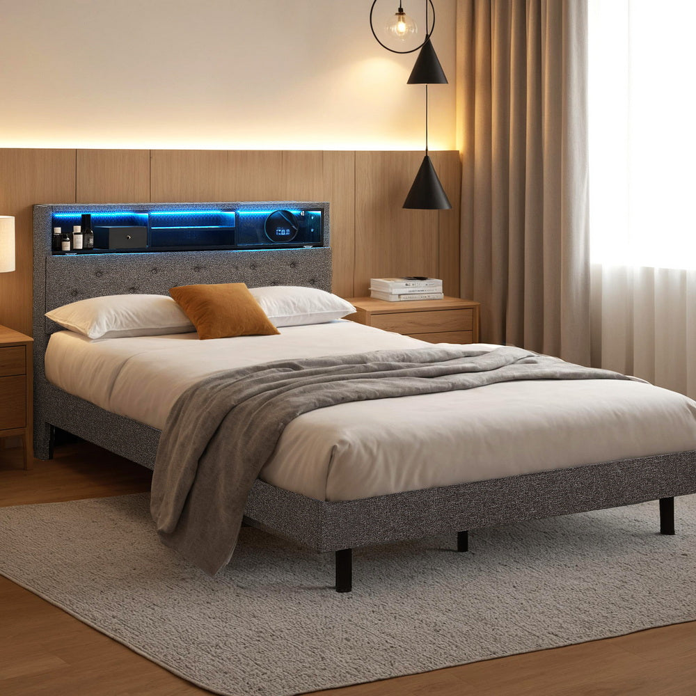Artiss Bed Frame King Single Size LED Mattress Base Platform with Storage Shelf Hidden Storage Box Grey-Furniture > Bedroom > Beds &amp; Bed Frames-PEROZ Accessories