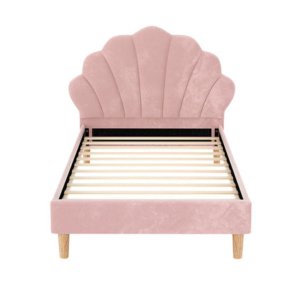 Artiss Bed Frame King Single Size Scallop-Shape Bedhead Beds Base Pink Velvet Fabric-Furniture > Bedroom > Beds &amp; Bed Frames-PEROZ Accessories
