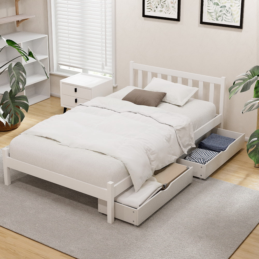 Artiss Bed Frame King Single Size Wooden Platform with 2 Storage Drawers White-Furniture > Bedroom > Beds &amp; Bed Frames-PEROZ Accessories