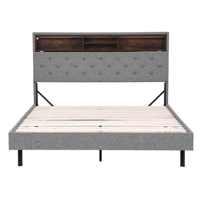 Artiss Bed Frame Queen Size LED Mattress Base Platform with Storage Shelf Hidden Storage Box Grey-Furniture > Bedroom > Beds &amp; Bed Frames-PEROZ Accessories