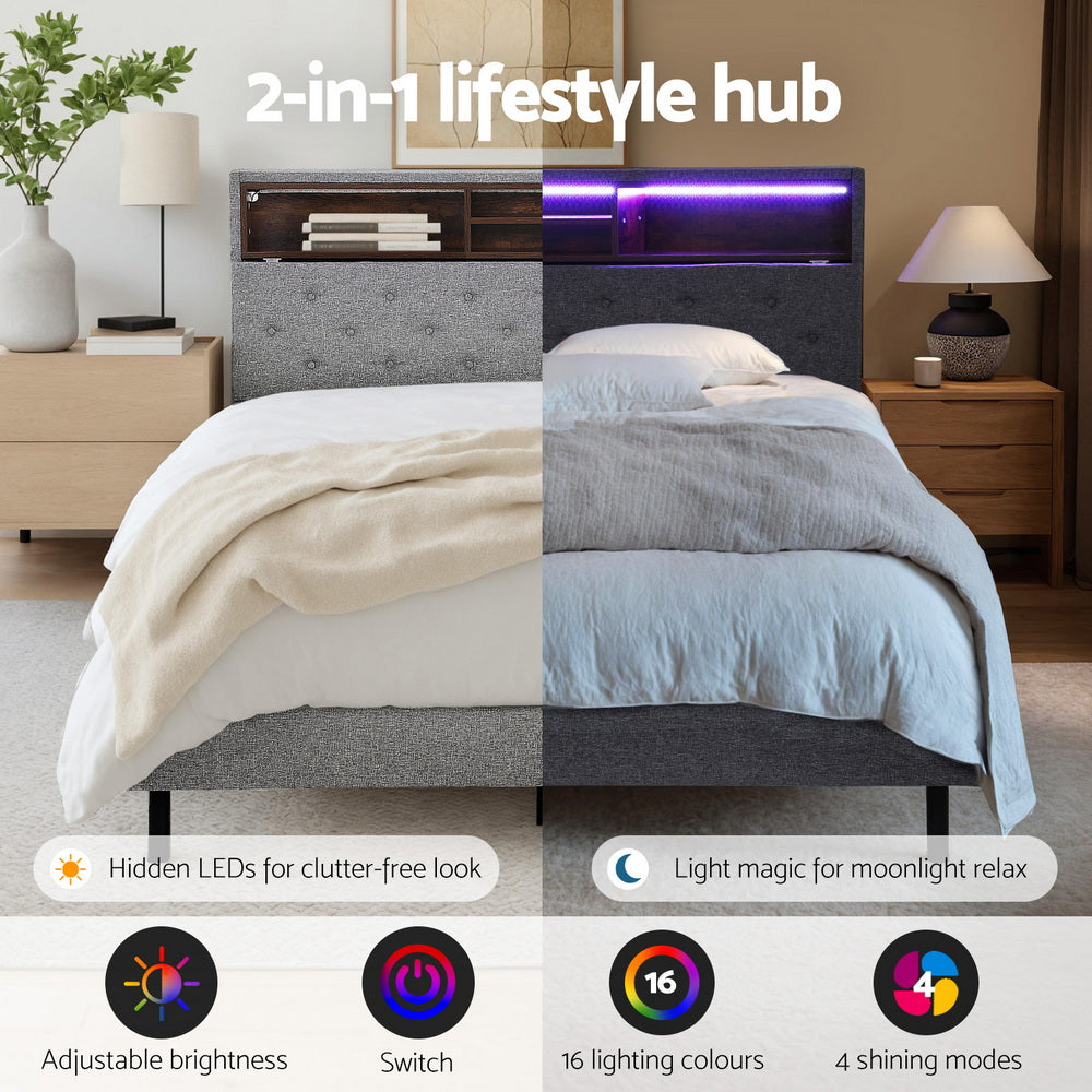 Artiss Bed Frame Queen Size LED Mattress Base Platform with Storage Shelf Hidden Storage Box Grey-Furniture > Bedroom > Beds &amp; Bed Frames-PEROZ Accessories