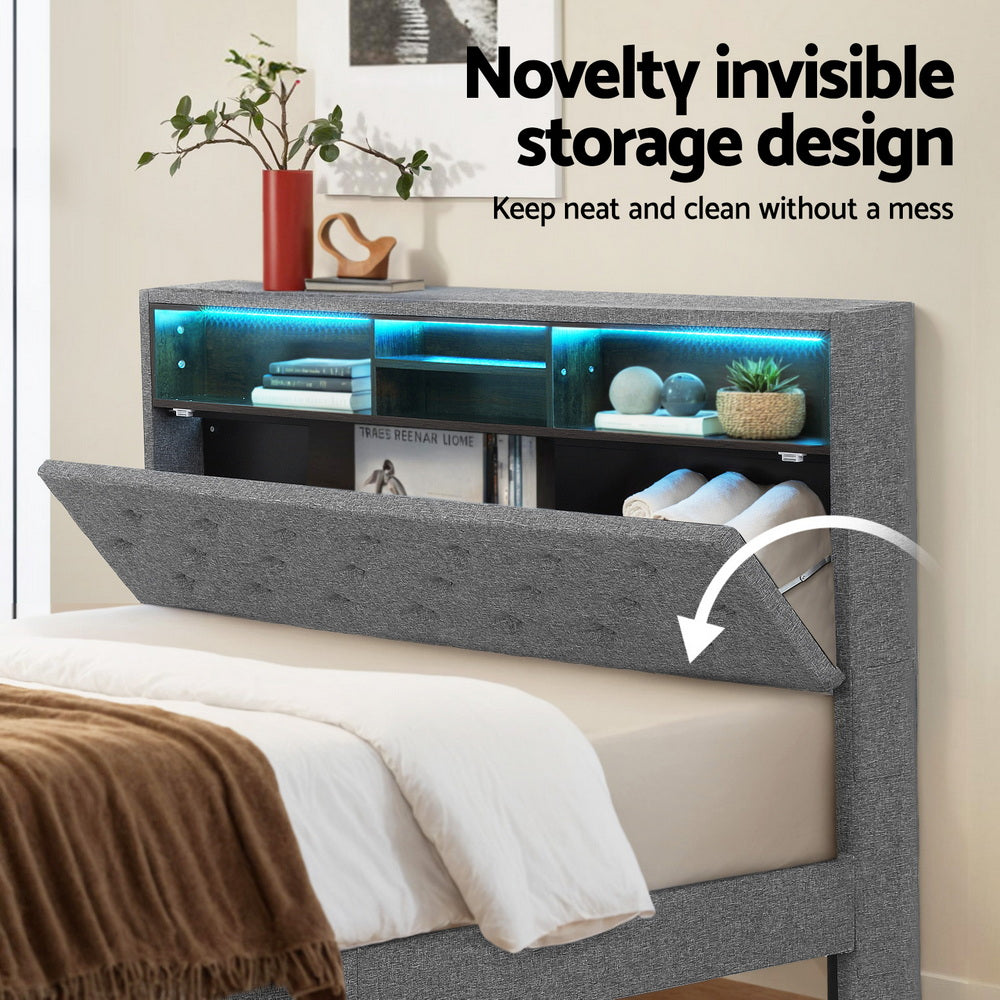 Artiss Bed Frame Queen Size LED Mattress Base Platform with Storage Shelf Hidden Storage Box Grey-Furniture > Bedroom > Beds &amp; Bed Frames-PEROZ Accessories