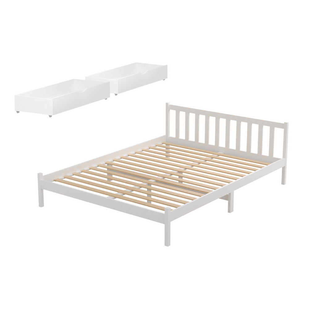 Artiss Bed Frame Queen Size Wooden Platform with 2 Storage Drawers White-Furniture > Bedroom > Beds &amp; Bed Frames-PEROZ Accessories