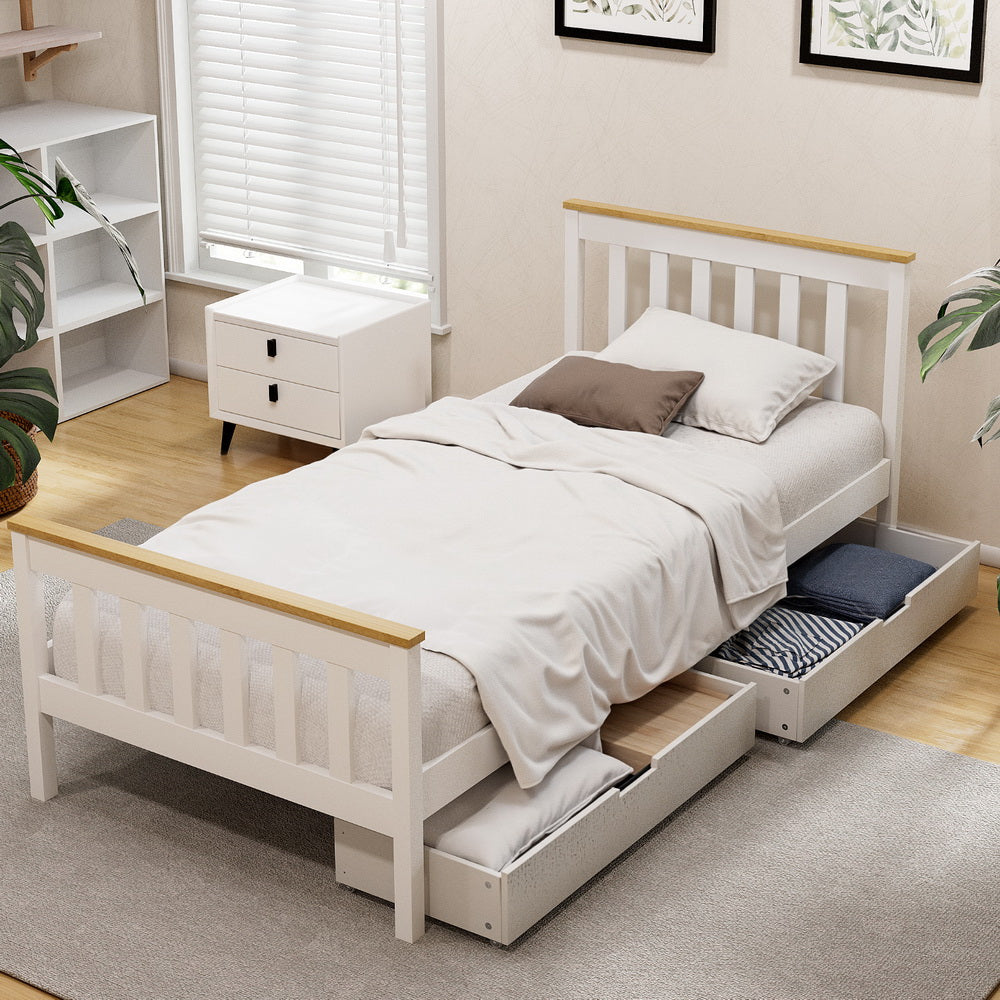 Artiss Bed Frame Single Size Wooden Platform with 2 Storage Drawers White PONY-Furniture > Bedroom > Beds &amp; Bed Frames-PEROZ Accessories