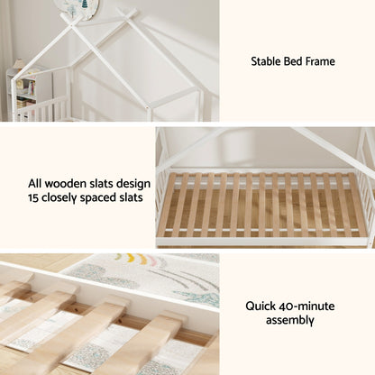 Artiss Bed Frame Wooden Base Kids Single Timber House Beds White-Furniture > Bedroom > Beds &amp; Bed Frames-PEROZ Accessories