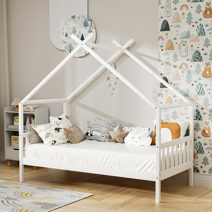 Artiss Bed Frame Wooden Base Kids Single Timber House Beds White-Furniture > Bedroom > Beds &amp; Bed Frames-PEROZ Accessories
