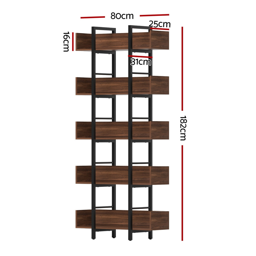 Artiss Bookshelf 5-Tier Bookcase Display Shelves Metal Storage Stand Rack Walnut-Furniture > Living Room > Bookcases &amp; Shelves-PEROZ Accessories