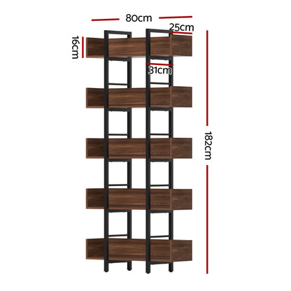 Artiss Bookshelf 5-Tier Bookcase Display Shelves Metal Storage Stand Rack Walnut-Furniture > Living Room > Bookcases &amp; Shelves-PEROZ Accessories