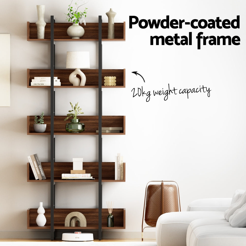 Artiss Bookshelf 5-Tier Bookcase Display Shelves Metal Storage Stand Rack Walnut-Furniture > Living Room > Bookcases &amp; Shelves-PEROZ Accessories