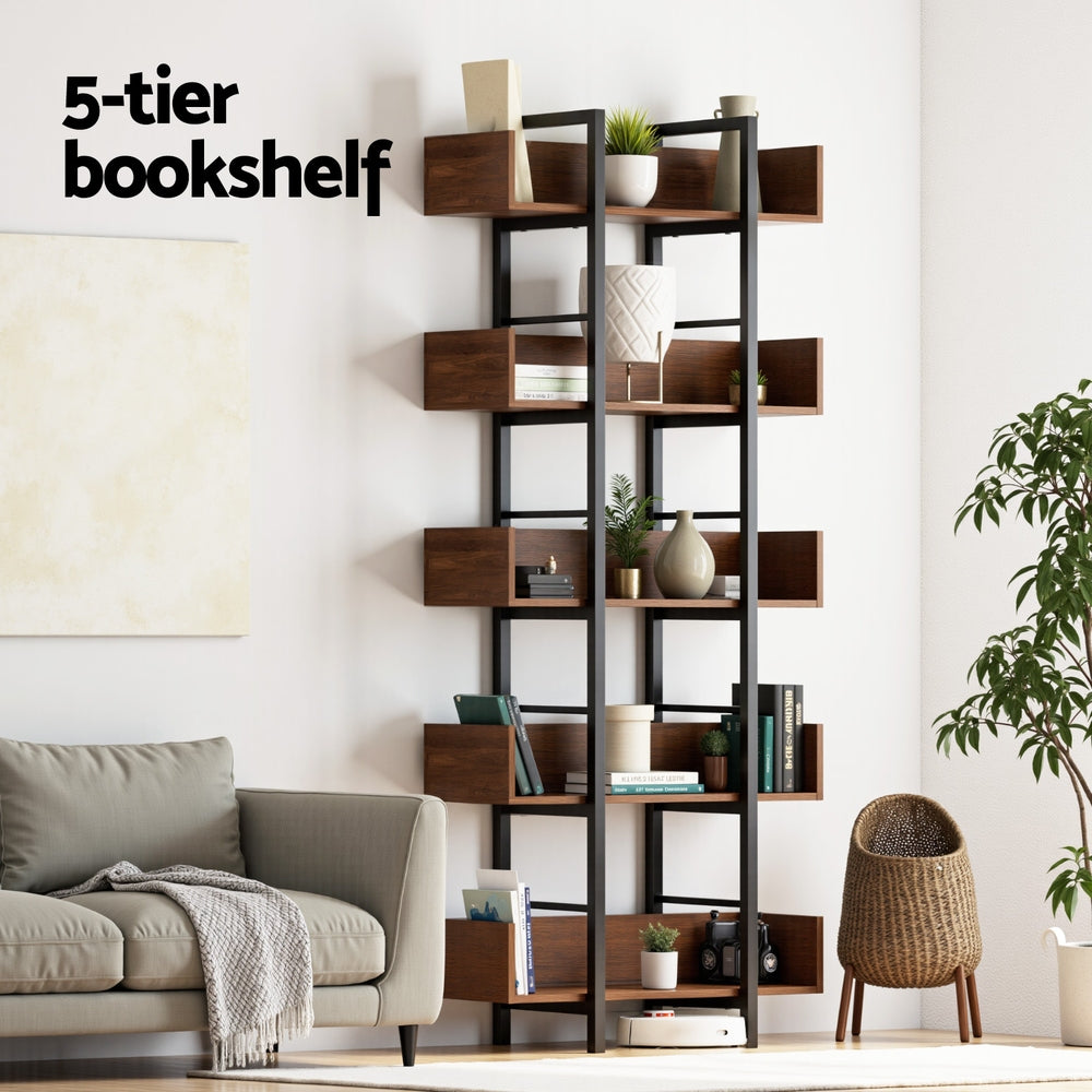 Artiss Bookshelf 5-Tier Bookcase Display Shelves Metal Storage Stand Rack Walnut-Furniture > Living Room > Bookcases &amp; Shelves-PEROZ Accessories