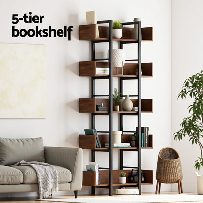 Artiss Bookshelf 5-Tier Bookcase Display Shelves Metal Storage Stand Rack Walnut-Furniture > Living Room > Bookcases &amp; Shelves-PEROZ Accessories