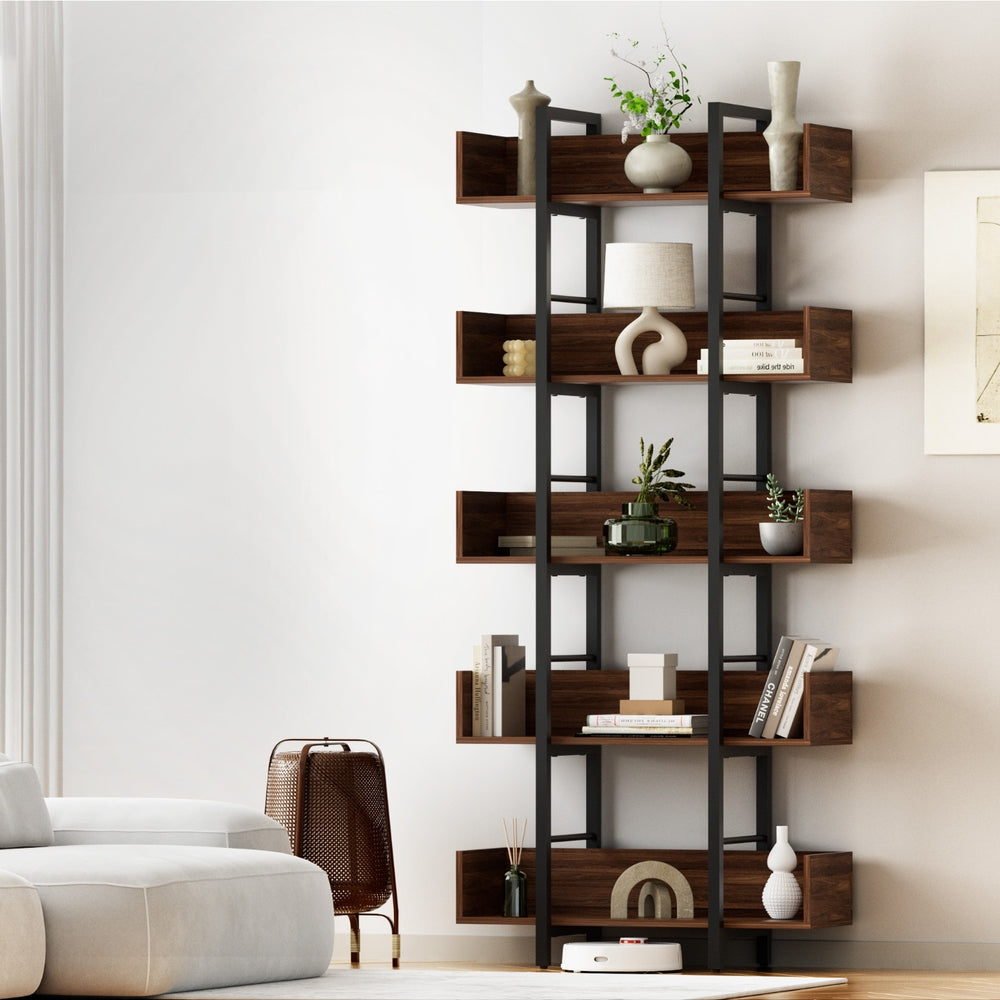 Artiss Bookshelf 5-Tier Bookcase Display Shelves Metal Storage Stand Rack Walnut-Furniture > Living Room > Bookcases &amp; Shelves-PEROZ Accessories