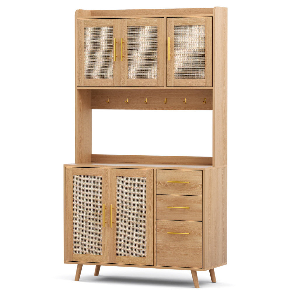 Artiss Buffet Sideboard Hutch Storage Cabinet Kitchen Cupboard Hooks Rattan Pine-Furniture > Dining > Buffets &amp; Sideboards-PEROZ Accessories
