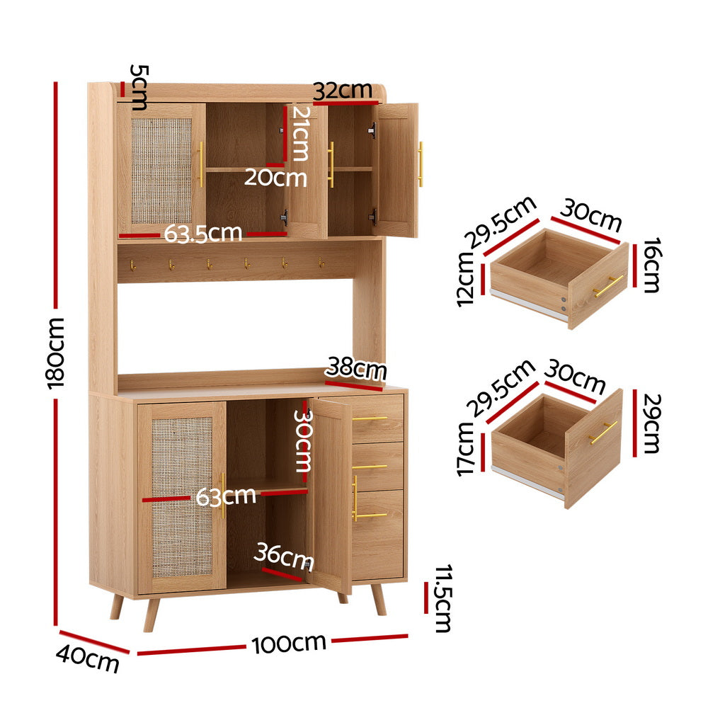 Artiss Buffet Sideboard Hutch Storage Cabinet Kitchen Cupboard Hooks Rattan Pine-Furniture > Dining > Buffets &amp; Sideboards-PEROZ Accessories