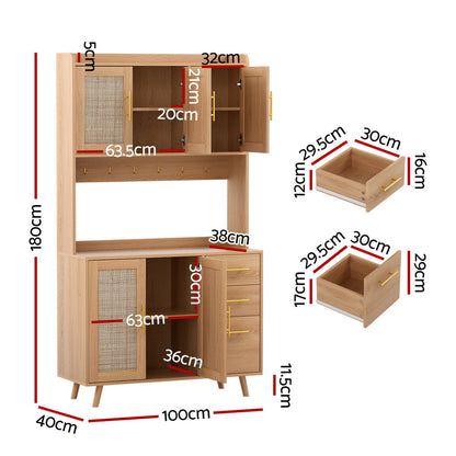 Artiss Buffet Sideboard Hutch Storage Cabinet Kitchen Cupboard Hooks Rattan Pine-Furniture > Dining > Buffets &amp; Sideboards-PEROZ Accessories