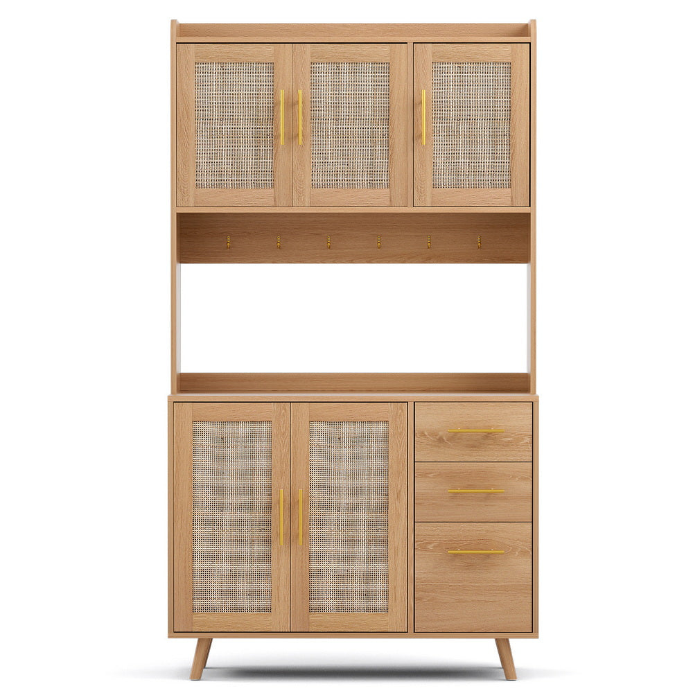 Artiss Buffet Sideboard Hutch Storage Cabinet Kitchen Cupboard Hooks Rattan Pine-Furniture > Dining > Buffets &amp; Sideboards-PEROZ Accessories